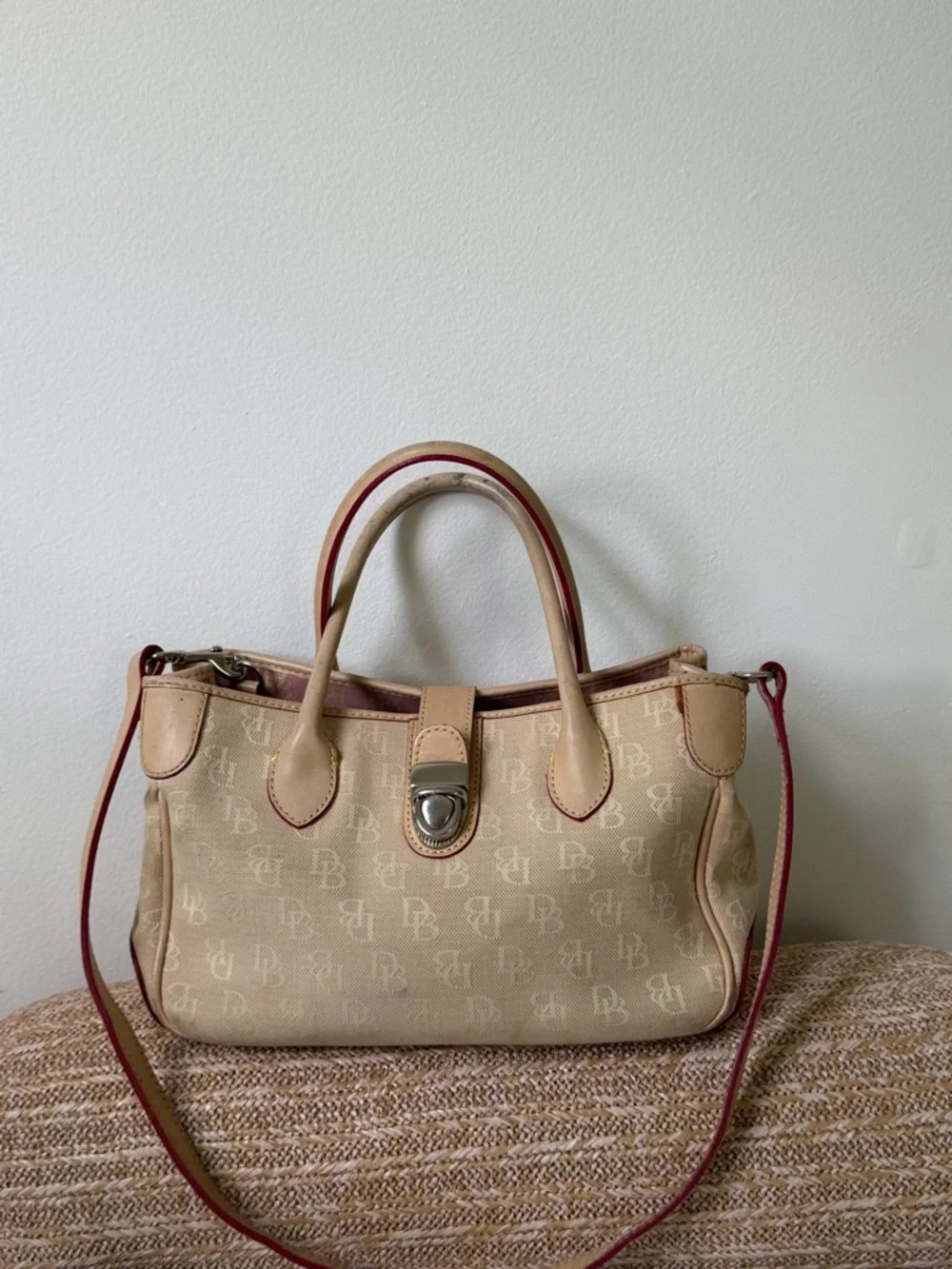 Dooney&Bourke Signature Canvas Satchel Handbag Beige Vachetta Leather Trim Vtg